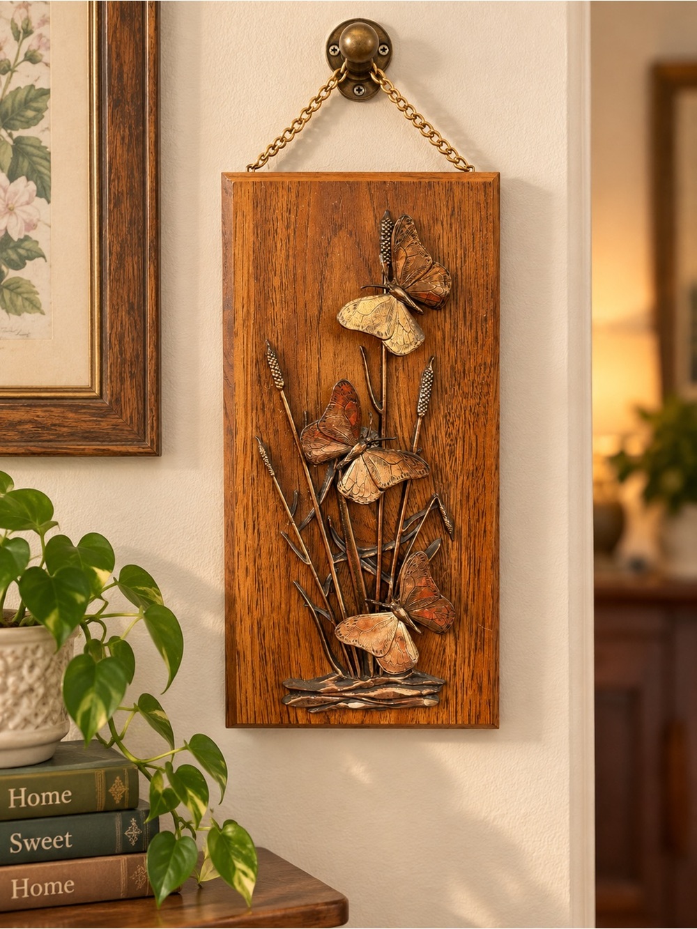 Vintage MCM Butterfly Wall Art Wood Plaque Metal Butterflies Cattails 1970s